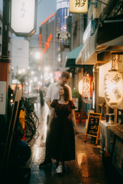 Tokyo cinematic engagement portrait at night - Ippei and Janine Photography