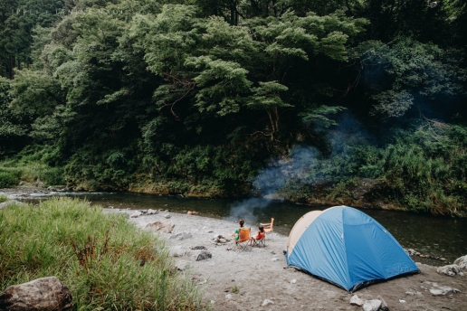 Wild camping by a mountain river in Tokyo