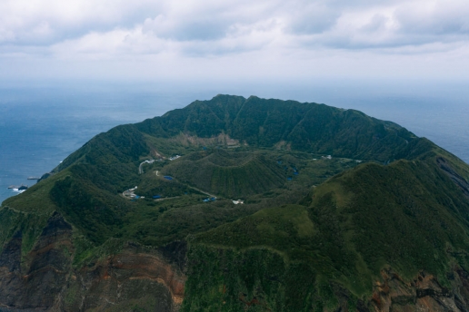 Aerial view of double caldera island, Aogashima of Izu Islands, Tokyo