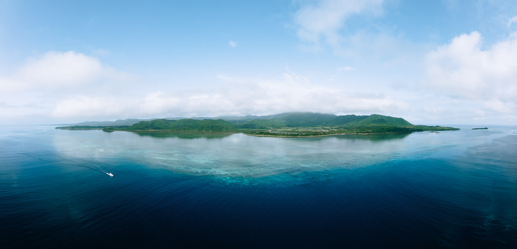 Aerial view of Iriomote Island seen from Kohama Island, Japan