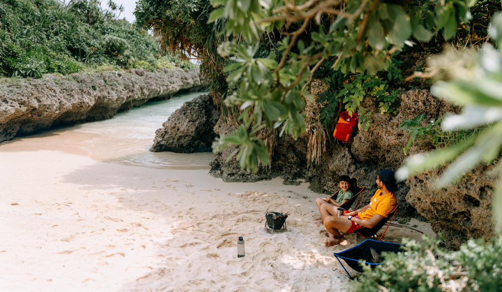 Camping on secluded tropical beach, Shimoji Island of Miyako Islands, Okinawa, Japan