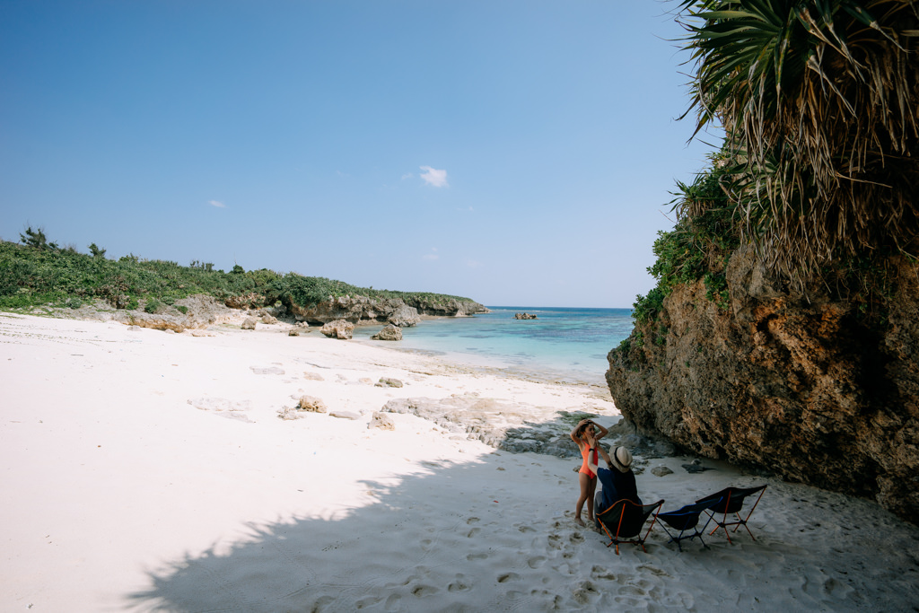 Camping on secluded tropical beach, Miyako Island, Okinawa, Japan