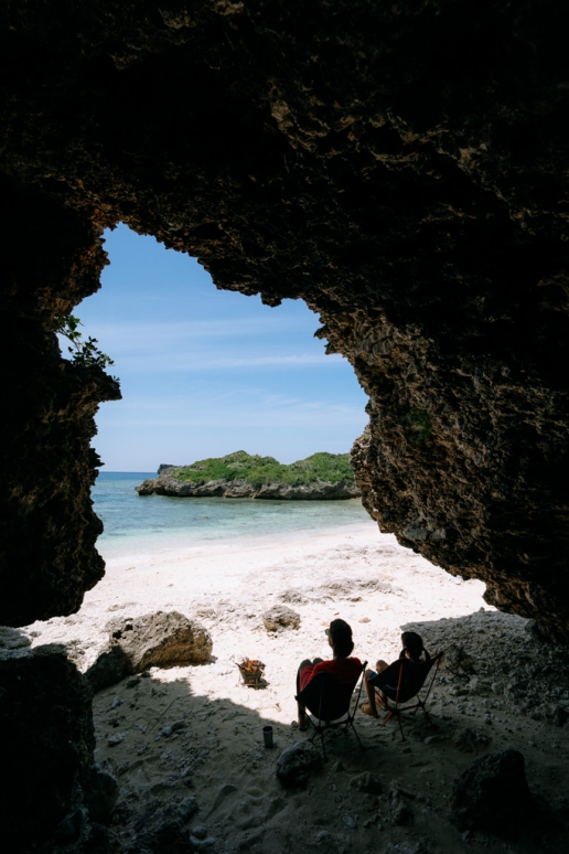Camping on secluded tropical beach, Miyako Island, Okinawa, Japan