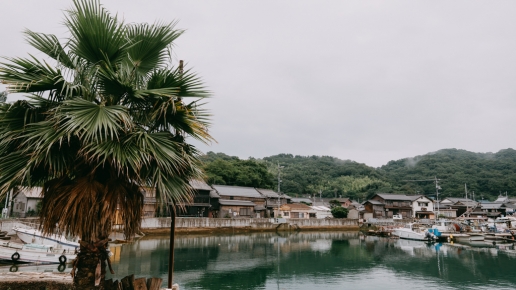 Manabeshima port village in rainy season, Okayama, Japan