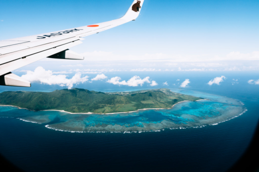 Aerial view of Ishigaki Island with coral reefs and tropical water of Southern Japan, Okinawa
